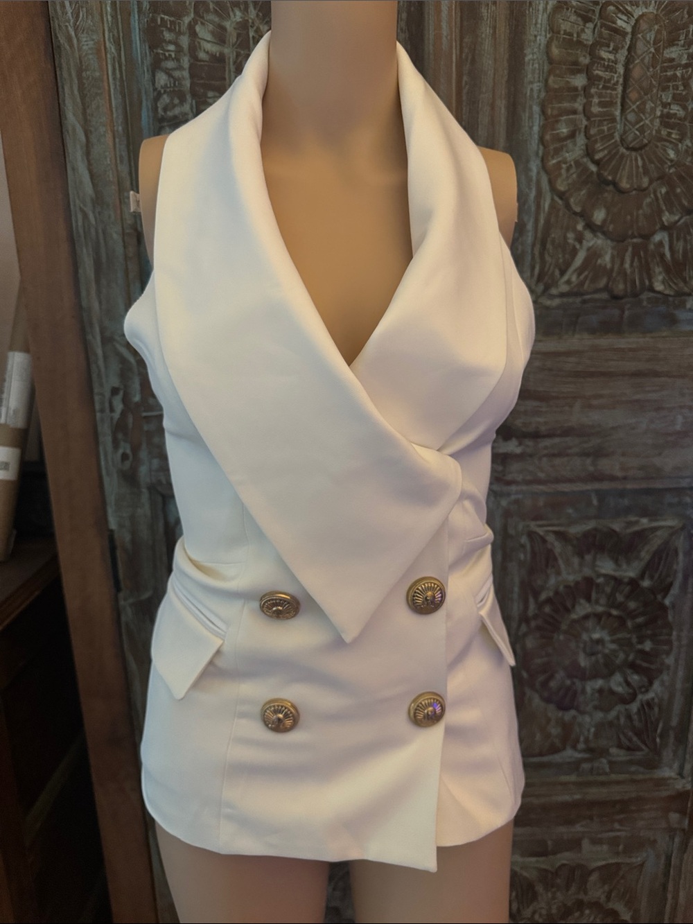 White Double-Breasted Sleeveless Blazer Vest